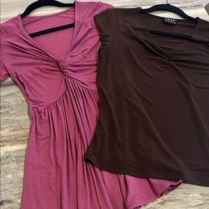 JKLA stretchy NWOT sexy Women's V-Neck Tops - Pink and Brown gathered slimming M